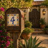 Talavera tile plaque number four with Mexican floral border installed on a rustic mailbox with warm natural outdoor textures