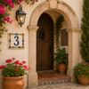 Talavera tile plaque number three with Mexican floral border featured beside an arched doorway in a Spanish Revival residence
