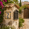 Talavera tile plaque number two with Mexican floral border mounted on a rustic mailbox pillar at a charming countryside property entrance