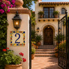 Talavera tile plaque number two with Mexican floral border decorating a villa entrance with elegant Mediterranean landscaping