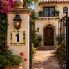 Talavera tile plaque number one with Mexican floral border decorating a villa entrance with handcrafted Mediterranean details