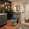 Vibrant eclectib bathroom with a Mexican hand-painted multicolor Talavera floral toilet