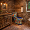 Rustic log cabin bathroom with a Mexican hand-painted multicolor Talavera floral toilet