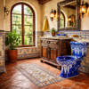 Hand-painted blue and white Talavera toilet in a Mexican Hacienda style bathroom