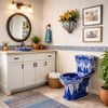 Typical American suburban bathroom with Mexican accents and a hand-painted blue, and white Talavera toilet