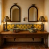 Punched tin cone shades with rosette medallions in a Mexican hacienda style master bathroom