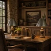 Punched tin cone lamp shade in smoke-bronze finish in a rustic home office with a wood desk