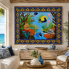 Tropical underwater talavera tile mural in a beach house with breezy decor and natural textures.