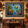 Tropical underwater talavera tile mural in a Mexican restaurant with pottery and rustic wood decor.