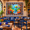 Tropical underwater talavera tile mural featured in a colorful seafood restaurant interior.