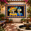 Mexican talavera Ccatrina tile mural dia de muertos in a Spanish Revival courtyard wall