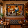 Talavera tile mural – woman cooking in a Mexican restaurant with rustic tables and colorful pottery.