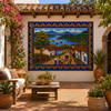 Mexican tile mural lakeside village in a courtyard with stone paving and lush green plants.
