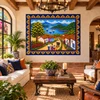 Mexican tile mural lakeside village in a hacienda living room with carved wood furnishings.