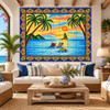 Talavera tile mural tropical ocean in a coastal living room with palms and natural textures.