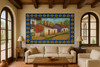 Mexican tile mural colonial street featured in a bright Spanish Revival house with arched windows and wooden beams