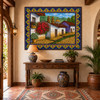 Mexican tile mural colonial street in a hacienda entryway with rustic wood and warm lantern light.