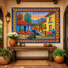 Mexican village tile mural with an iecream cart at house entry wall creating decorative Mexican courtyard focal point
