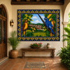 Tropical parrots talavera tile mural in a tropical entryway with lush plants and warm wood accents.