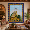 Mexican tile mural volcano church in a rustic living room with beams, textiles, and pottery.