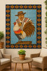 El gallo talavera tile mural adorning a sunlit patio wall, blending folk art color with rustic Mexican architecture
