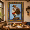 El gallo talavera tile mural in a breakfast nook with natural light, pottery, and wood accents.