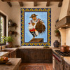 El gallo talavera tile mural in a hacienda kitchen with rustic wood and colorful pottery.