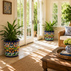 Talavera planter with cobalt blue floral heart pattern displayed in a bright sunroom