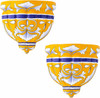 Two Mexican talavera wall sconces with blue and orange motifs on white