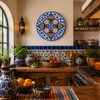Blue floral decorative talavera plate with red flower accents showcased in a traditional Mexican kitchen above rustic wood shelving