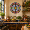 Floral scrollwork decorative talavera plate with red border design displayed on a colorful Mexican kitchen wall with artisan accents