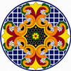 Orange scroll decorative talavera plate with cobalt geometric pattern