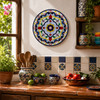 Traditional geometric decorative talavera plate with floral Mexican motifs showcased in a Mexican kitchen surrounded by handcrafted ceramics