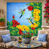 Mexican hummingbird floral talavera tile mural design in patio feature wall with bright floral patterns and outdoor ambiance