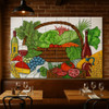 Mexican tile mural vegetable basket enhancing a restaurant interior with colorful handcrafted Mexican artistry