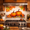 Mexican pumpkin autumn talavera tile mural design in kitchen backsplash with warm fall tones and natural wood cabinetry