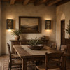 Punched metal wall sconce with spiral sunburst cutouts in a rustic dining room