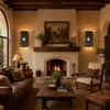 Two rustic tin lamp shade with glass accents in a hacienda living room with warm rustic decor