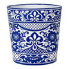 Talavera bathroom trash can hand painted with blue pattern over off white background