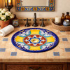 Round talavera bathroom sink yellow blue floral design in Mediterranean vanity setting