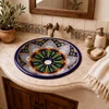 Round talavera bathroom sink floral geometric design in Mediterranean vanity area