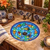 Round talavera undermount bathroom sink colorful fish design in a Spanish vanity setting
