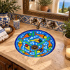 Round talavera undermount bathroom sink colorful fish design in a Mediterranean vanity