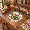 Round talavera drop-in bathroom sink terracotta floral design in a rustic wood vanity