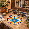 Round talavera bathroom sink blue flower design Mexico in a Spanish colonial bathroom
