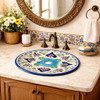 Round talavera bathroom sink blue floral heart design in Mediterranean vanity with bright space and soft tones