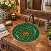 Round talavera bathroom sink green mandala design Mexico in a rustic wood vanity