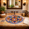 Round talavera bathroom sink multicolor floral Mexican design in Spanish style bathroom with rustic vanity