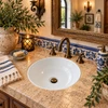 Round white talavera bathroom sink modern ceramic design in a Mediterranean vanity setting