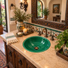 Round talavera bathroom sink solid green gloss design in a Spanish Revival vanity